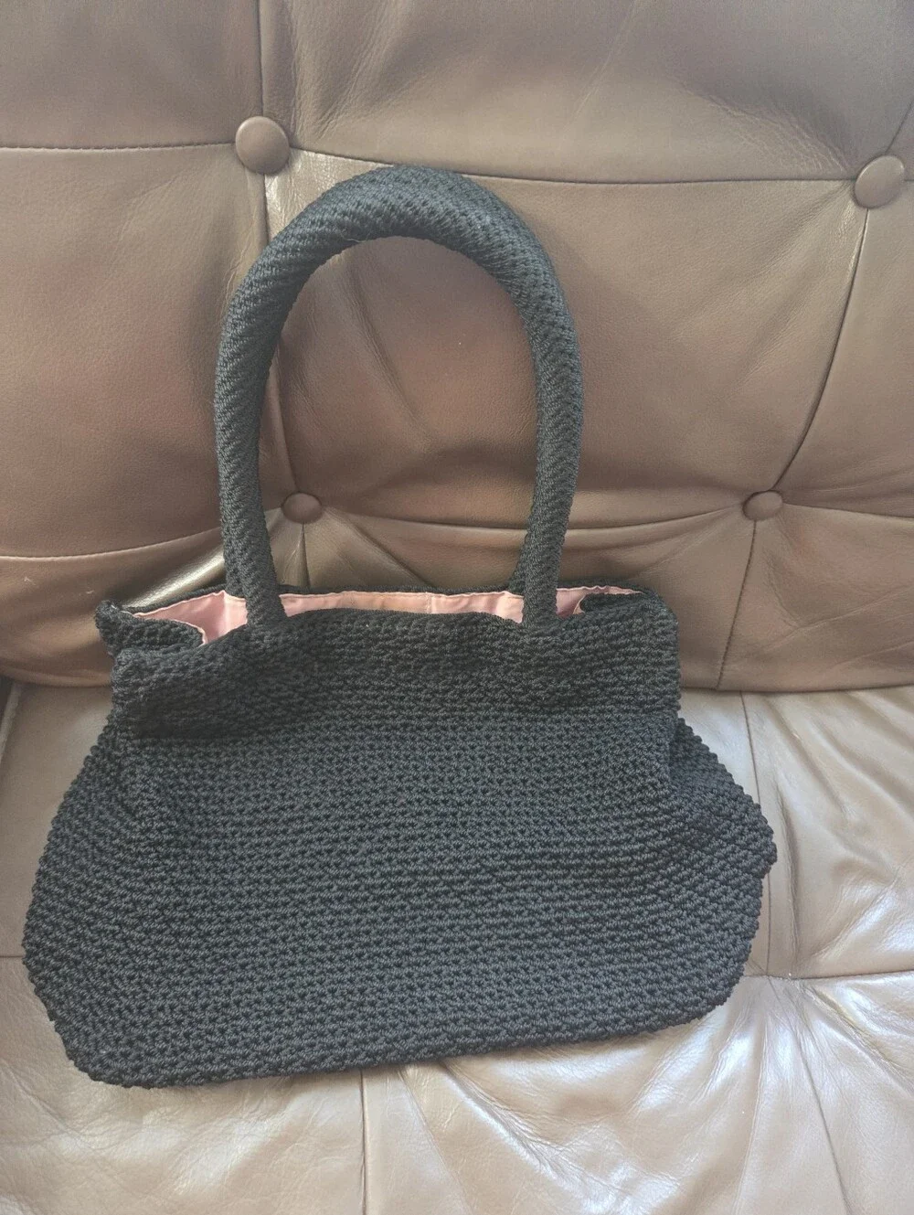 Vintage Y2K The Sak Hand Crochet Black Shoulder Bag Tote Baby Pink Lining
